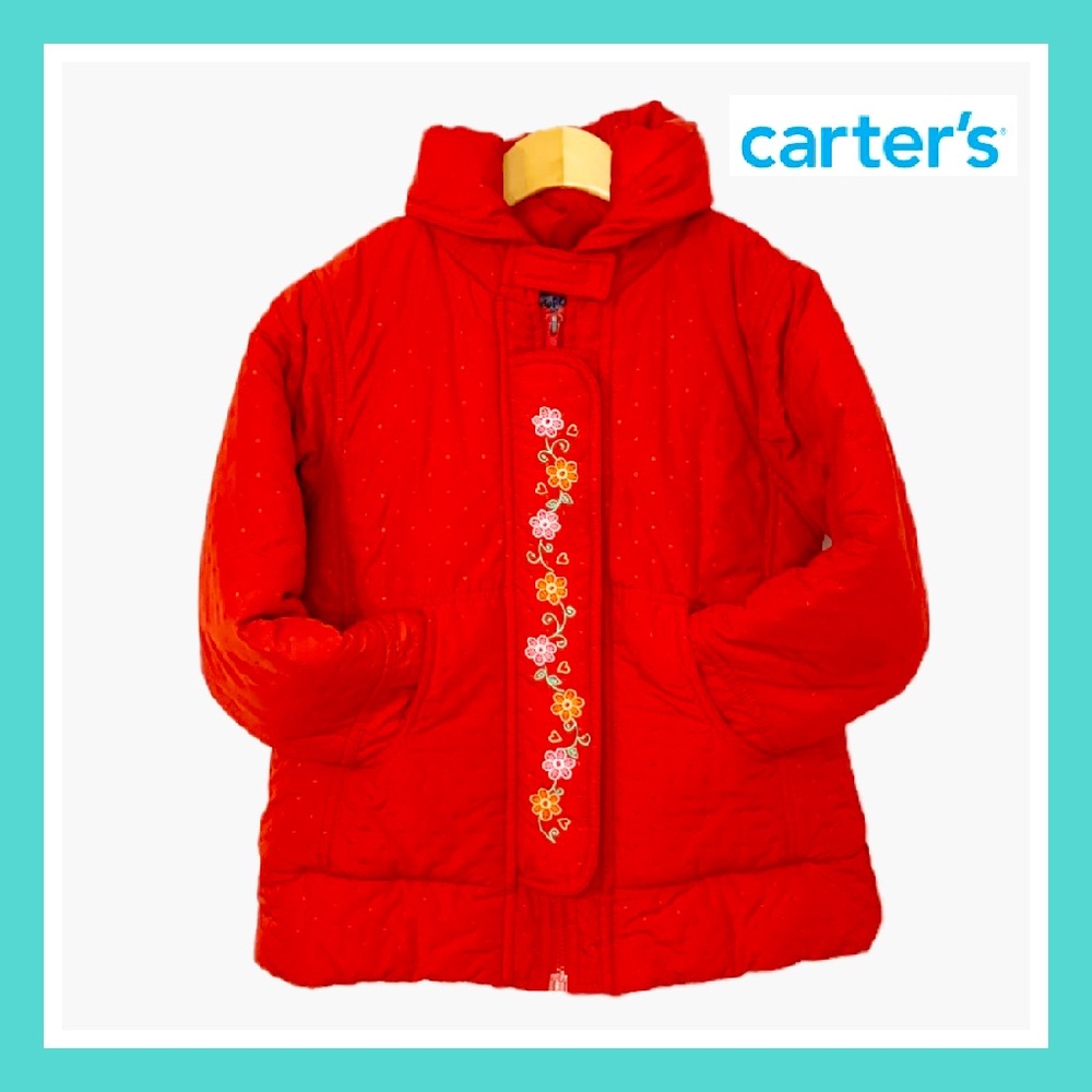 Carter’s Red Puffer Hooded Jacket Coat Christmas Winter Fall Cold Holiday t 5/6